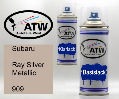 Subaru, Ray Silver Metallic, 909: 400ml Sprühdose + 400ml Klarlack - Set, von ATW Autoteile West.